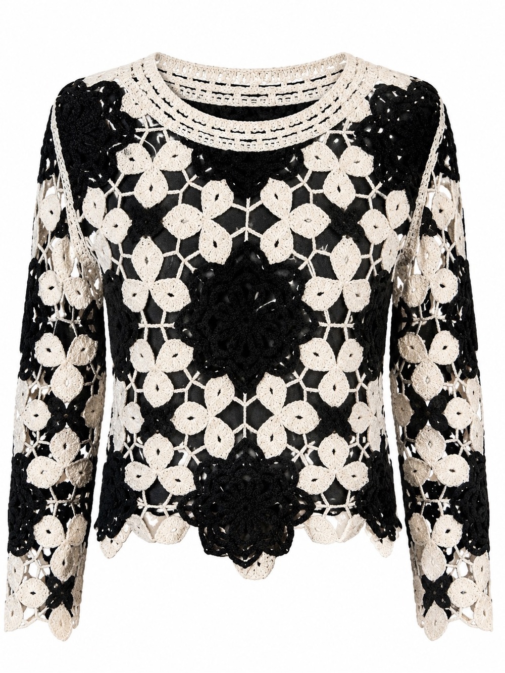 Cloth by Design Black & Cream Crochet Floral Sweater | Boho Open Knit Size L